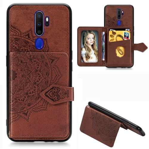 

For Oppo A9（2020） Mandala Embossed Magnetic Cloth PU + TPU + PC Case with Holder & Card Slots & Wallet & Photo Frame & Strap(Brown)