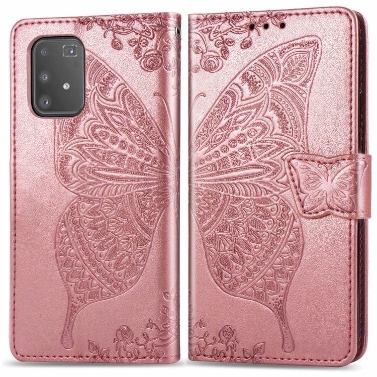 

For Galaxy A91 Butterfly Love Flower Embossed Horizontal Flip Leather Case with Bracket / Card Slot / Wallet / Lanyard(Rose Gold)
