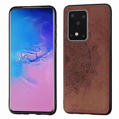 

For Galaxy S20 Ultra Embossed Mandala Pattern PC + TPU + Fabric Phone Case with Lanyard & Magnetic(Brown)