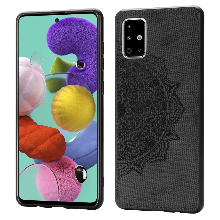 

For Galaxy A71 Mandala Embossed Cloth Cover PC + TPU Mobile Phone Case with Magnetic Function and Hand Strap(Black)