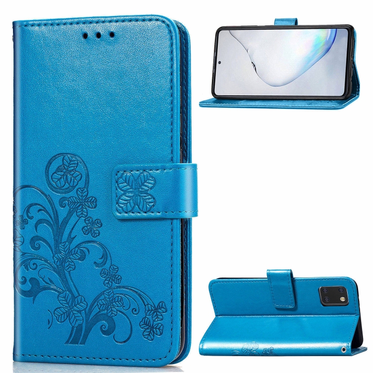 

For Galaxy Note 10 Lite / A81 Four-leaf Clasp Embossed Buckle Mobile Phone Protection Leather Case with Lanyard & Card Slot & Wallet & Bracket Function(Blue)