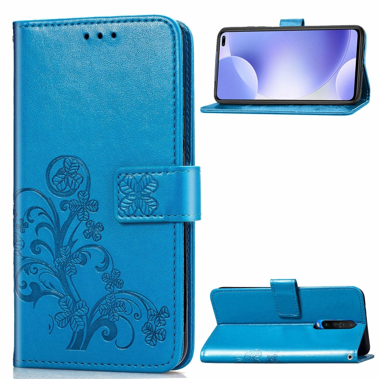 

For Xiaomi Redmi K30 Four-leaf Clasp Embossed Buckle Mobile Phone Protection Leather Case with Lanyard & Card Slot & Wallet & Bracket Function(Blue)