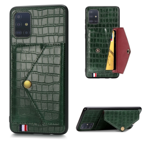 

For Galaxy A51/ M40s Crocodile Pattern PU+TPU+PVC Shatter-resistant Mobile Phone Case with Magnetic Invisible Holder & Holder & Card Slots(Blackish Green)