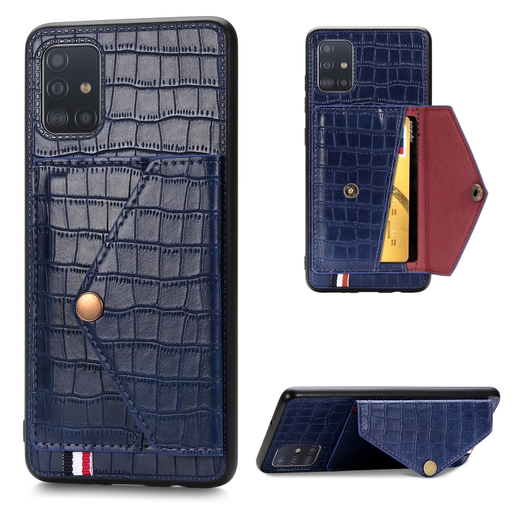 

For Galaxy A71 Crocodile Pattern PU+TPU+PVC Shatter-resistant Mobile Phone Case with Magnetic Invisible Holder & Holder & Card Slots(Sapphire Blue)