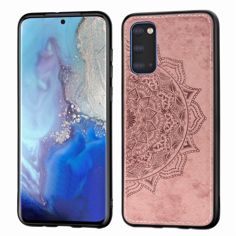 

For Galaxy S20 Mandala Embossed Cloth Cover PC + TPU Mobile Phone Case with Magnetic Function and Hand Strap(Rose Gold)