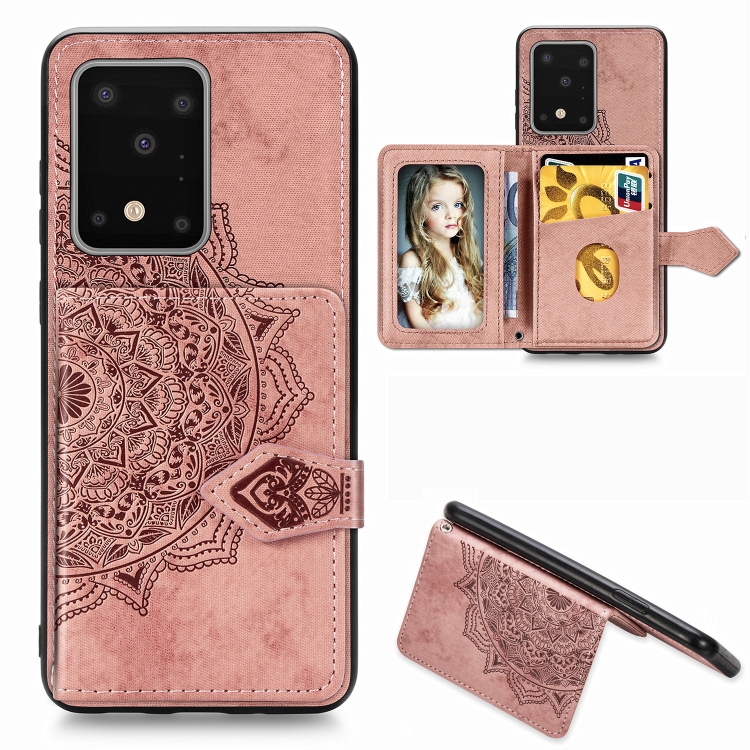 

For Galaxy S20 Ultra Mandala Embossed Magnetic Cloth PU + TPU + PC Case with Holder & Card Slots & Wallet & Photo Frame & Strap(Rose Gold)