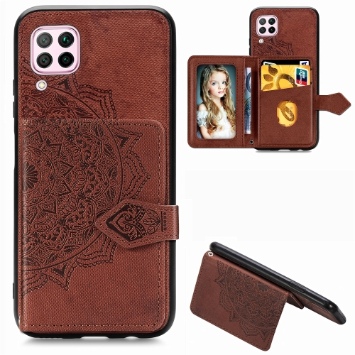 

For Huawei Nova 6 SE Mandala Embossed Magnetic Cloth PU + TPU + PC Case with Holder & Card Slots & Wallet & Photo Frame & Strap(Brown)