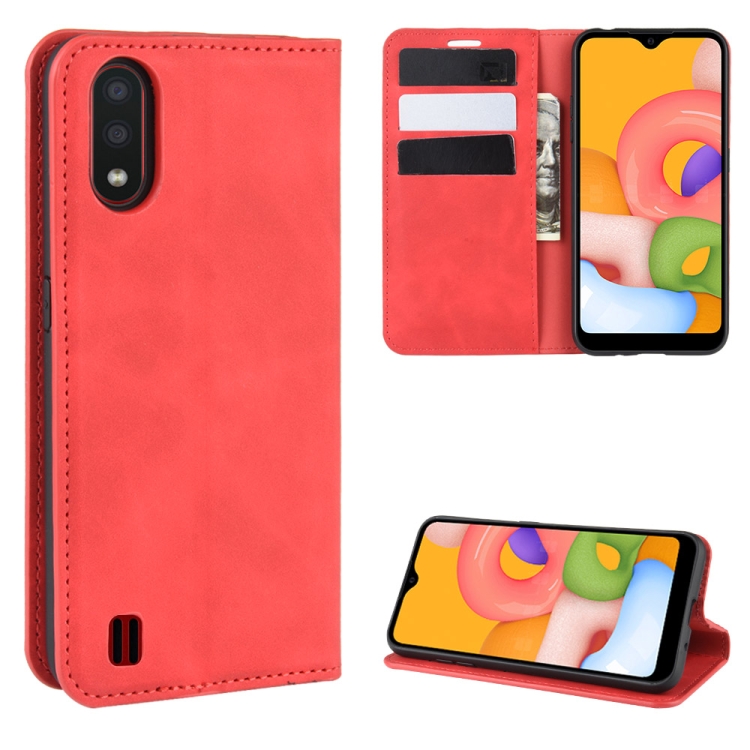 

For Galaxy A01 Retro-skin Business Magnetic Suction Leather Case with Holder & Card Slots & Wallet(Red)
