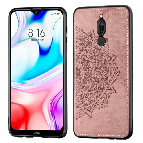 

For Xiaomi Redmi 8 Mandala Embossed Cloth Cover PC + TPU Mobile Phone Case with Magnetic Function and Hand Strap(Rose Gold)
