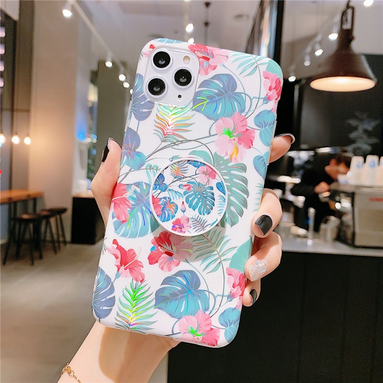 

For iPhone 11 Pro Max Colorful Laser Flower Series IMD TPU Mobile Phone Case With Folding Stand(Monstera KB3)