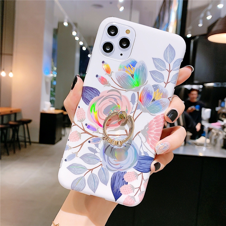 

For iPhone 11 Colorful Laser Flower Series IMD TPU Mobile Phone Case With Ring Bracket Rhinestones(Begonia Flowers KC2)