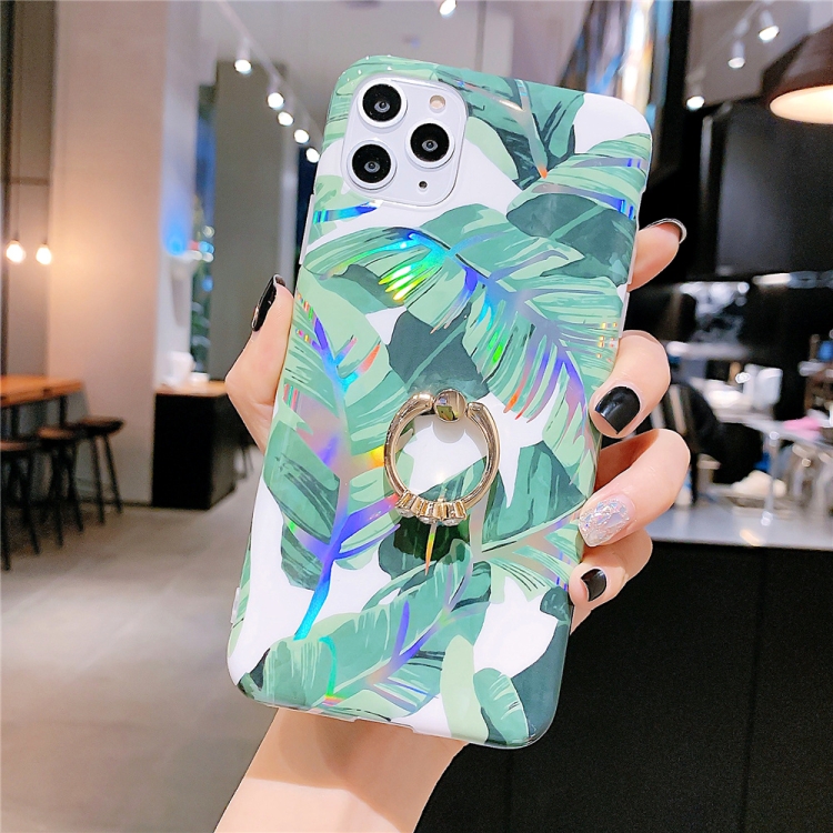 

For iPhone 11 Pro Max Colorful Laser Flower Series IMD TPU Mobile Phone Case With Ring Bracket Rhinestones(Banana Leaf KC1)
