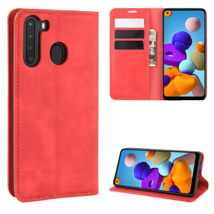 

For Galaxy A21 Retro-skin Business Magnetic Suction Leather Case with Holder & Card Slots & Wallet(Red)