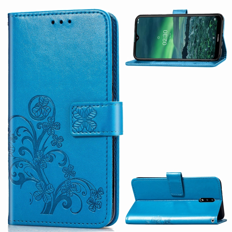 

For Nokia 2.3 Lucky Clover Pressed Flowers Pattern Leather Case with Holder & Card Slots & Wallet & Hand Strap(Blue)