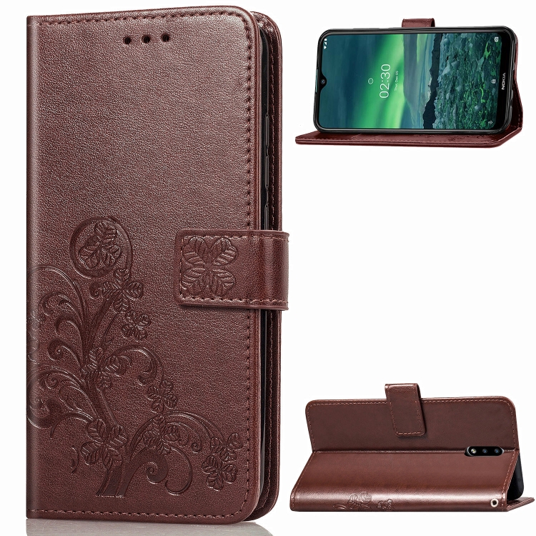 

For Nokia 2.3 Lucky Clover Pressed Flowers Pattern Leather Case with Holder & Card Slots & Wallet & Hand Strap(Brown)