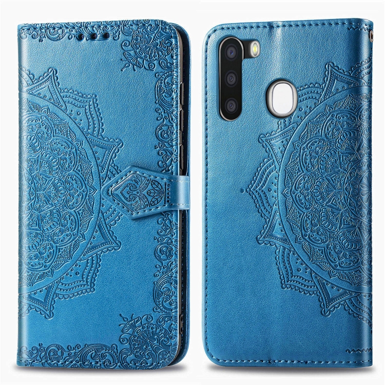 

For Galaxy A21 Halfway Mandala Embossing Pattern Horizontal Flip Leather Case with Holder & Card Slots & Wallet & Photo Frame & Lanyard(Blue)