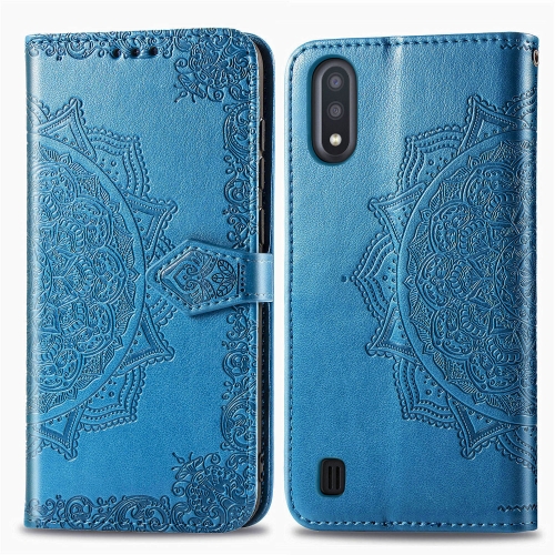 

For Galaxy A01 Halfway Mandala Embossing Pattern Horizontal Flip Leather Case with Holder & Card Slots & Wallet & Photo Frame & Lanyard(Blue)