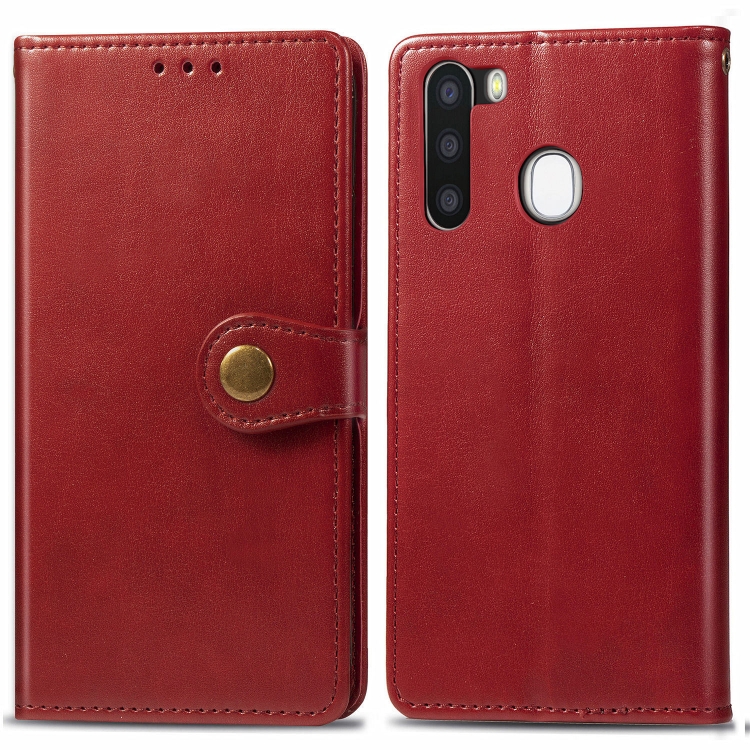 

For Galaxy A21 Retro Solid Color Leather Buckle Mobile Phone Protection Leather Case with Photo Frame & Card Slot & Wallet & Bracket Function(Red)