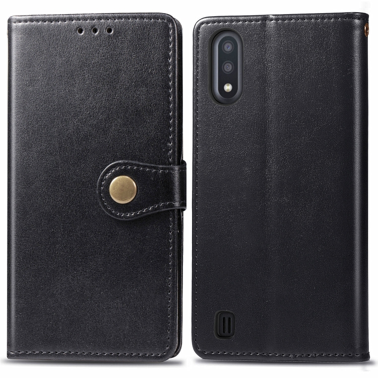 

For Galaxy A01 Retro Solid Color Leather Buckle Mobile Phone Protection Leather Case with Photo Frame & Card Slot & Wallet & Bracket Function(Black)