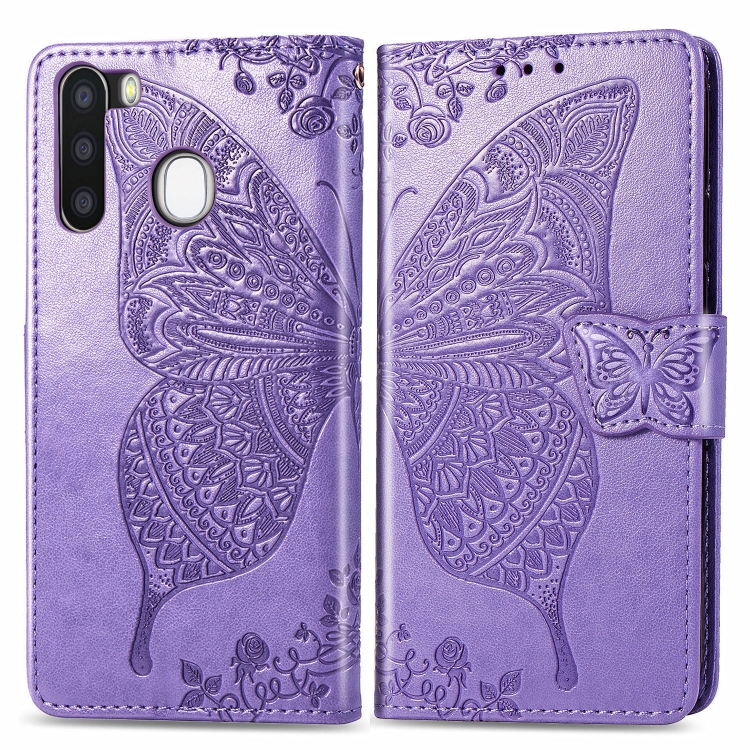 

For Galaxy A21 Butterfly Love Flowers Embossing Horizontal Flip Leather Case with Holder & Card Slots & Wallet & Lanyard(Light Purple)