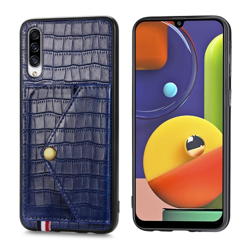 

For Galaxy A50 / A50s / A30s Crocodile Pattern PU+TPU+PVC Shatter-resistant Mobile Phone Case with Magnetic Invisible Holder & Holder & Card Slots(Sapphire Blue)