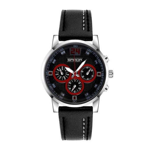 

SANDA 5009 Business Fashion Three Eye Six Needle Casual Leather Waterproof Men Quartz Watch(Black Silver)