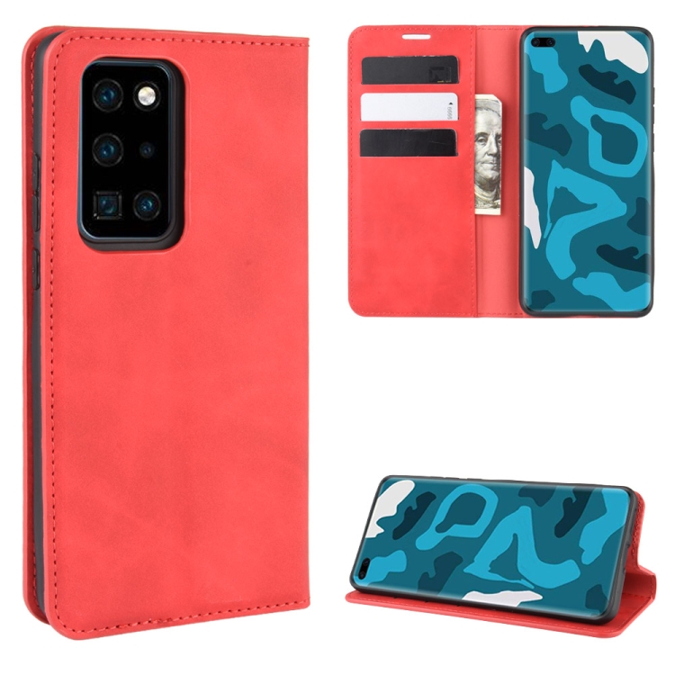 

For Huawei P40 Pro Retro-skin Business Magnetic Suction Leather Case with Holder & Card Slots & Wallet(Red)