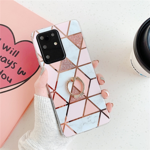 

For Galaxy S20 Plus Plating Colorful Geometric Pattern Mosaic Marble TPU Mobile Phone Case Rhinestone Stand Ring(Pink PR1)