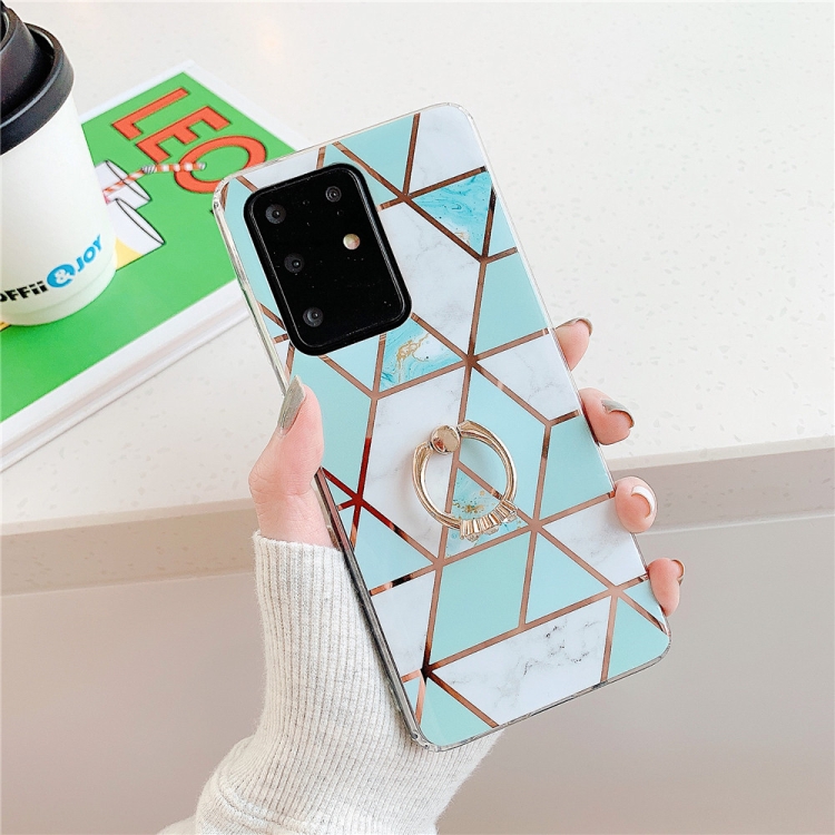 

For Galaxy S20 Plus Plating Colorful Geometric Pattern Mosaic Marble TPU Mobile Phone Case Rhinestone Stand Ring(Green PR2)