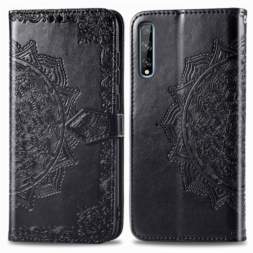 

For Huawei Enjoy 10s Halfway Mandala Embossing Pattern Horizontal Flip PU Leather Case with Holder & Card Slots & Wallet & Photo Frame & Lanyard(Black)