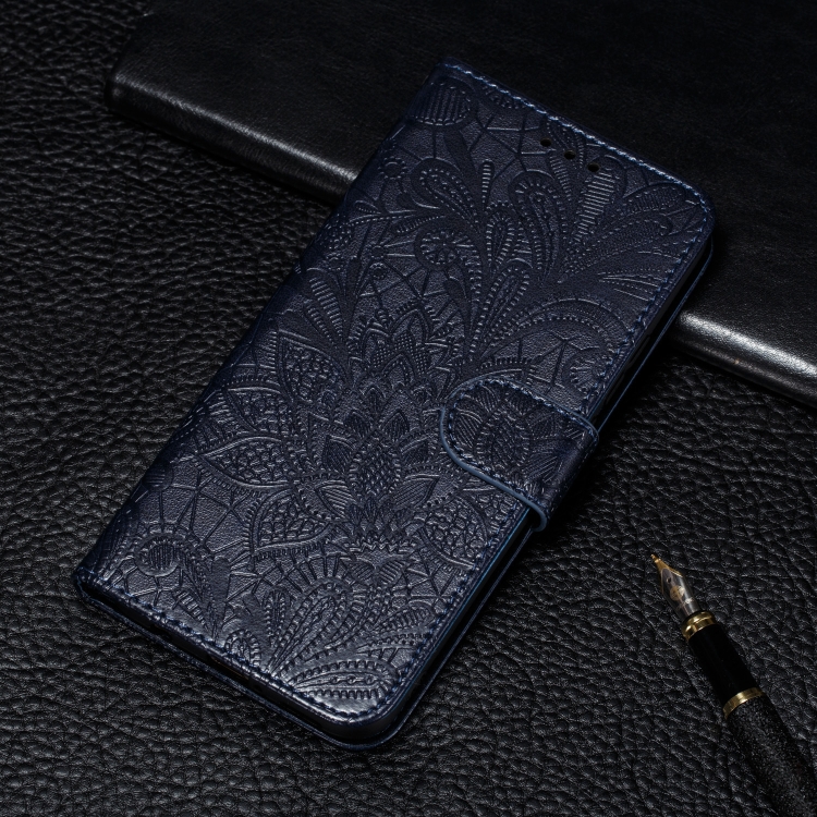 

For Xiaomi Mi 10 & 10 Pro Lace Flower Embossing Pattern Horizontal Flip Leather Case with Holder & Card Slots & Wallet & Photo Frame & Lanyard(Dark Blue)