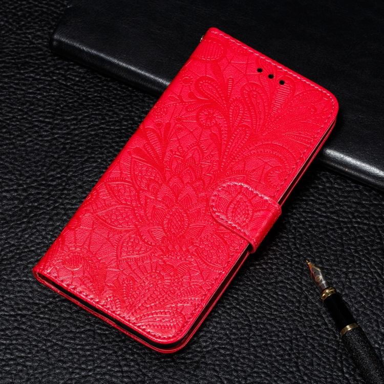 

For LG K50S Lace Flower Embossing Pattern Horizontal Flip Leather Case with Holder & Card Slots & Wallet & Photo Frame & Lanyard(Red)