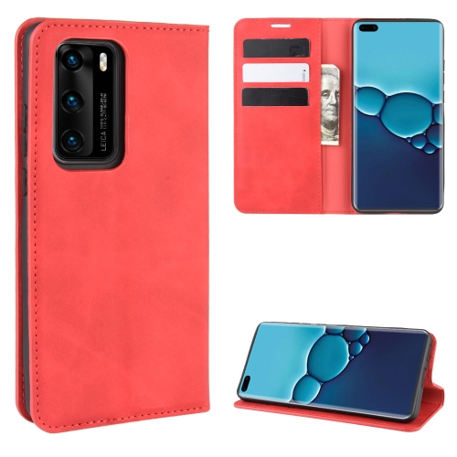 

For Huawei P40 Retro-skin Business Magnetic Suction Leather Case with Holder & Card Slots & Wallet(Red)