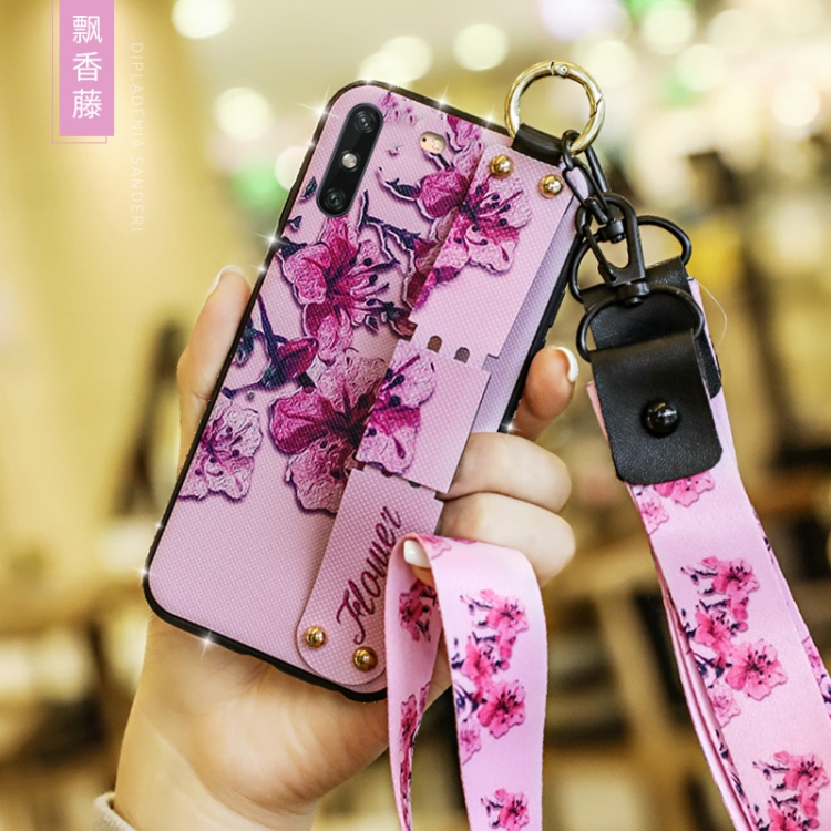 

For Huawei Enjoy 10e Floral Cloth Pattern Shockproof TPU Case with Holder & Wrist Strap & Neck Lanyard(Purple)