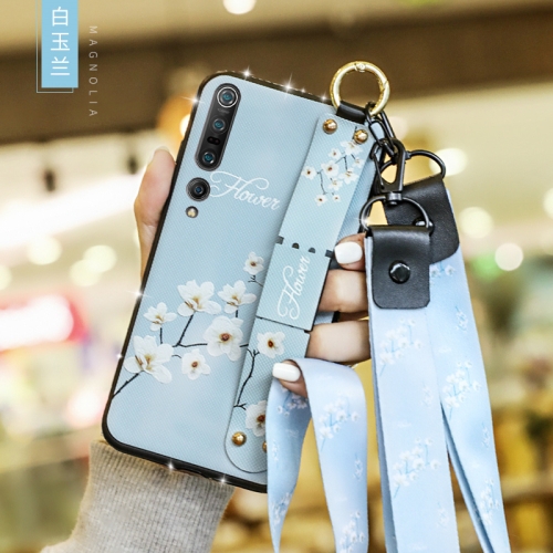 

For Xiaomi Mi 10 Pro Floral Cloth Pattern Shockproof TPU Case with Holder & Wrist Strap & Neck Lanyard(Blue)