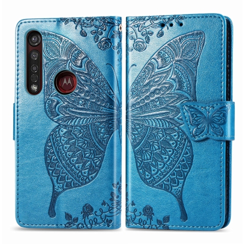 

For Moto G8 Plus Butterfly Love Flower Embossed Horizontal Flip Leather Case with Bracket / Card Slot / Wallet / Lanyard(Blue)