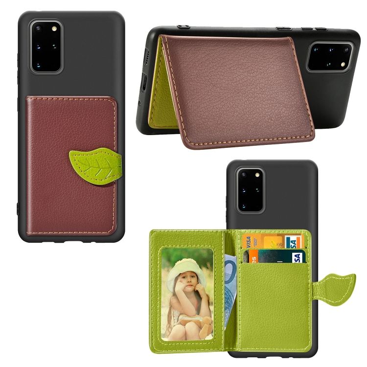 

For Galaxy S20 Plus Leaf Buckle Litchi Texture Card Holder PU + TPU Case with Card Slot & Wallet & Holder & Photo Frame(Brown)