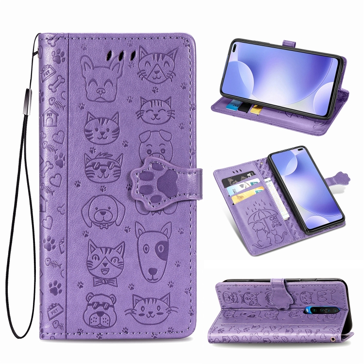 

For Xiaomi Redmi K30 Cute Cat and Dog Embossed Horizontal Flip PU Leather Case with Holder / Card Slot / Wallet / Lanyard(Purple)