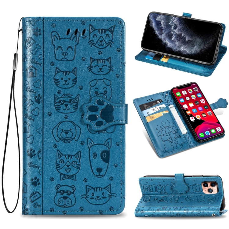

For iPhone 11 Pro Cute Cat and Dog Embossed Horizontal Flip PU Leather Case with Holder / Card Slot / Wallet / Lanyard(Blue)