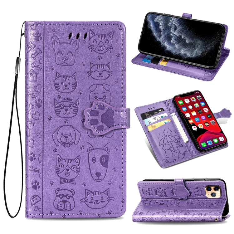 

For iPhone 11 Pro Cute Cat and Dog Embossed Horizontal Flip PU Leather Case with Holder / Card Slot / Wallet / Lanyard(Purple)