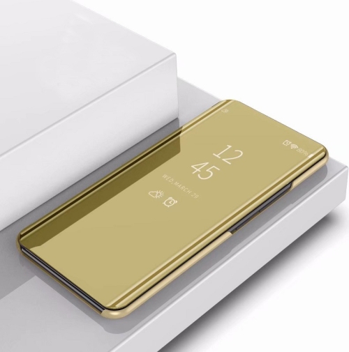 

For Galaxy A21 Plated Mirror Horizontal Flip Leather Case with Holder(Gold)