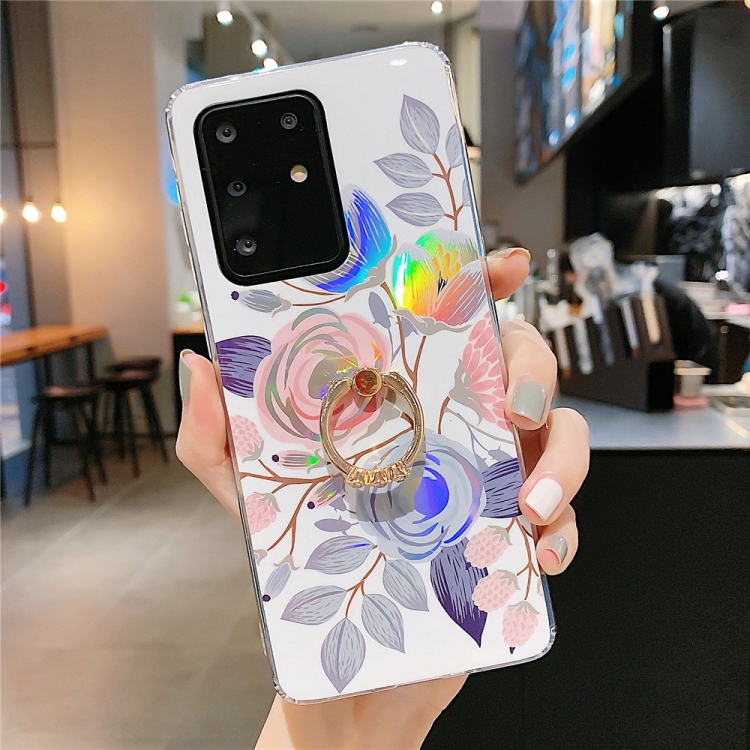 

For Samsung Galaxy S20 Plus Colorful Laser Flower Series IMD TPU Mobile Phone Case with Ring Rhinestones Holder(Begonia Flowers KC2)