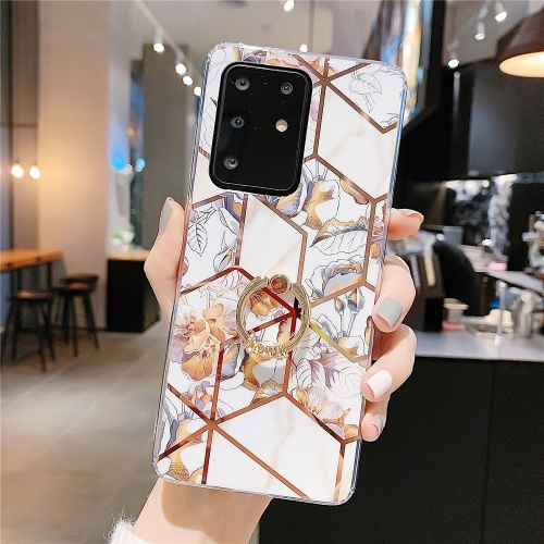 

For Galaxy S20 Ultra Plating Geometric Flower Series IMD TPU Mobile Phone Case with Ring Rhinestones Holder(Gold)