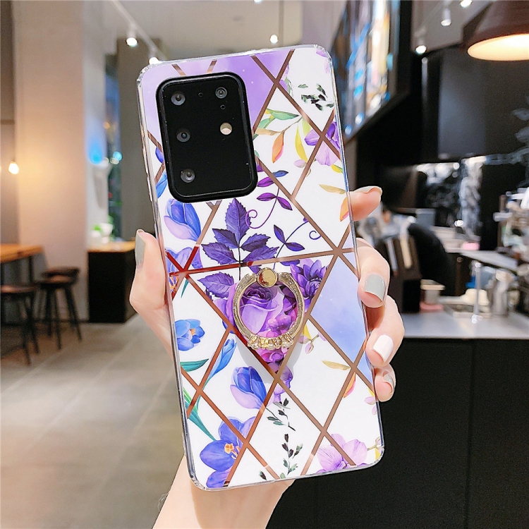 

For Galaxy S20 Ultra Plating Geometric Flower Series IMD TPU Mobile Phone Case with Ring Rhinestones Holder(Purple)