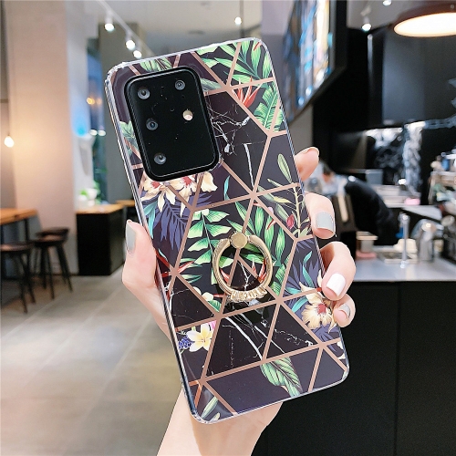 

For Galaxy S20 Plating Geometric Flower Series IMD TPU Mobile Phone Case with Ring Rhinestones Holder(Black)