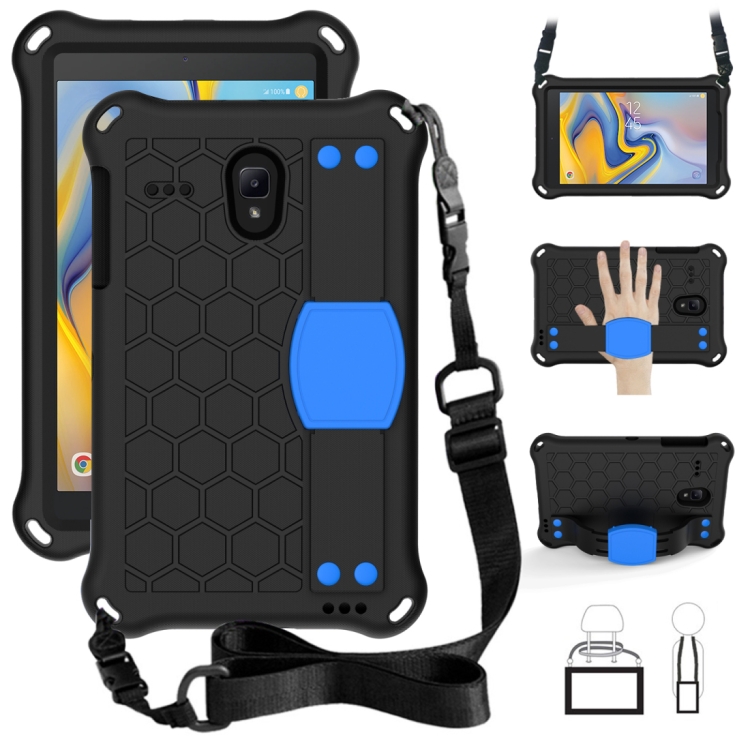 

For Galaxy Tab A 8.0(2018) T387 Honeycomb Design EVA + PC Four Corner Anti Falling Flat Protective Shell With Straps(Black+Blue)