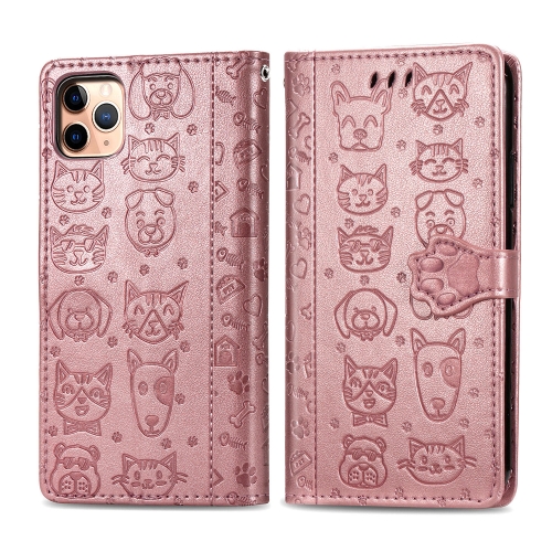 

For iPhone 11 Pro Max Cute Cat and Dog Embossed Horizontal Flip PU Leather Case with Holder / Card Slot / Wallet / Lanyard(Rose Gold)