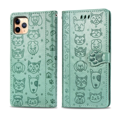 

For iPhone 11 Pro Max Cute Cat and Dog Embossed Horizontal Flip PU Leather Case with Holder / Card Slot / Wallet / Lanyard(Grass Green)