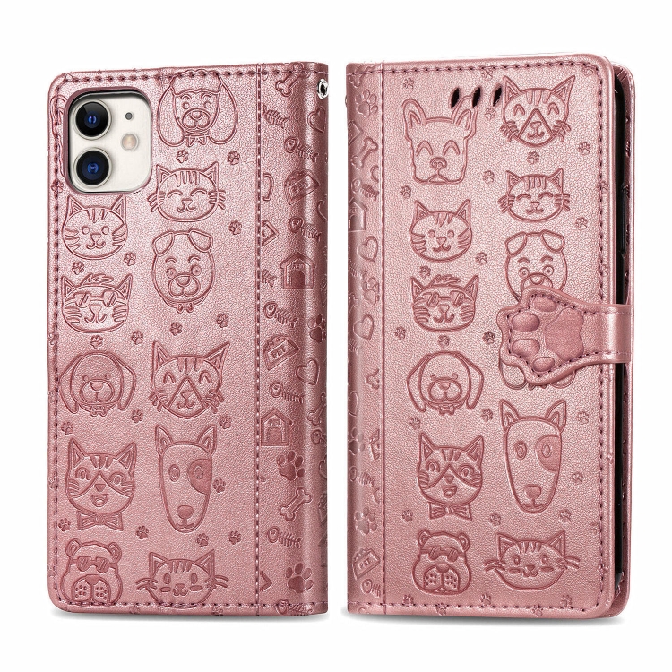 

For iPhone 11 Cute Cat and Dog Embossed Horizontal Flip PU Leather Case with Holder / Card Slot / Wallet / Lanyard(Rose Gold)