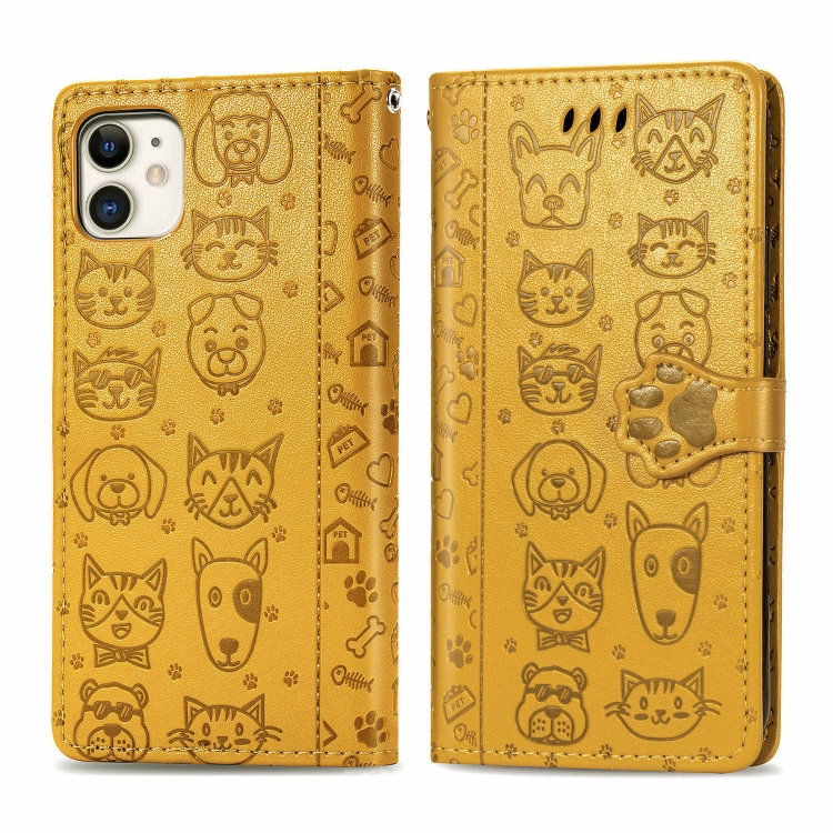 

For iPhone 11 Cute Cat and Dog Embossed Horizontal Flip PU Leather Case with Holder / Card Slot / Wallet / Lanyard(Yellow)